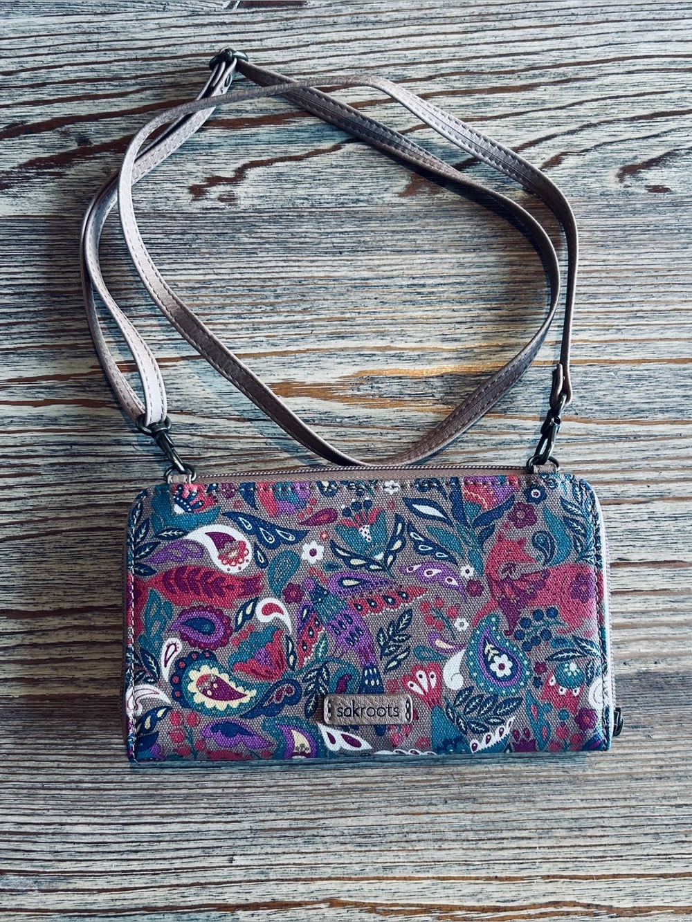 Sakroots Multicolor Paisley Crossbody Wallet in Teal, Purple, Pink, Burgundy